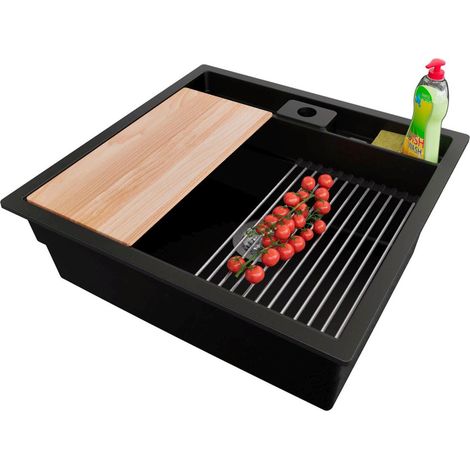 PRIMAGRAN Evier Cuisine en Granit 56x54cm,Lavabo 1 bac + Kit de Vidage + Accessoires, Évier à Encastrer au meuble 60cm - Bergen Pocket, Noir (1/5)