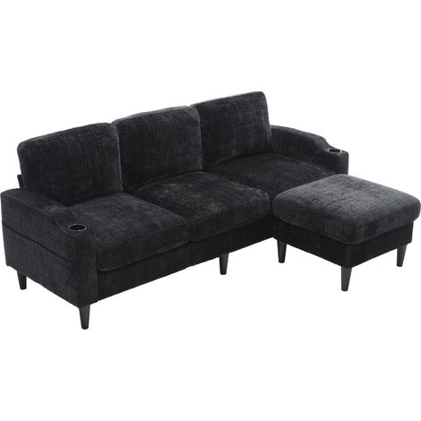 Divano 4 posti nero in ciniglia con pouf contenitore, portabicchieri e tasche laterali (1/5)