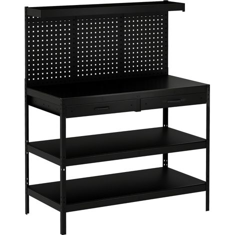 Banco da lavoro con pannello forato, 2 cassetti e ripiani regolabili, 122 x 61 x 156 cm, nero (1/5)