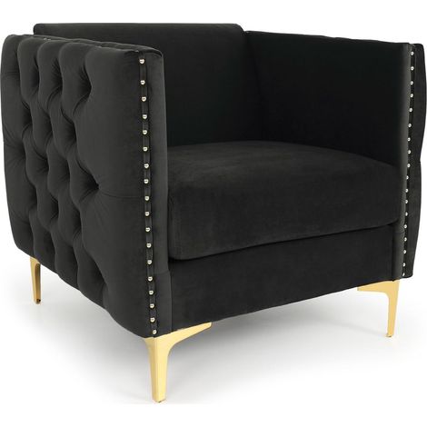 Cotecosy – Fauteuil relax capitonné en velours noir – Assise moelleuse – Accoudoirs capitonnés avec clous tapissiers – Pieds en métal doré – Dimensions L83 x P70 x H74 cm (1/5)
