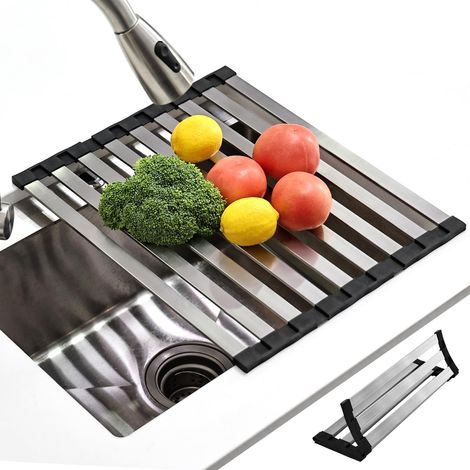 Égouttoir à vaisselle KitchenRaku 40 x 32,5 cm, tapis pliable pour évier de cuisine, en acier inoxydable 304 et silicone, utilisé comme système d’égouttage pour l’évier de cuisine (noir) (1/5)