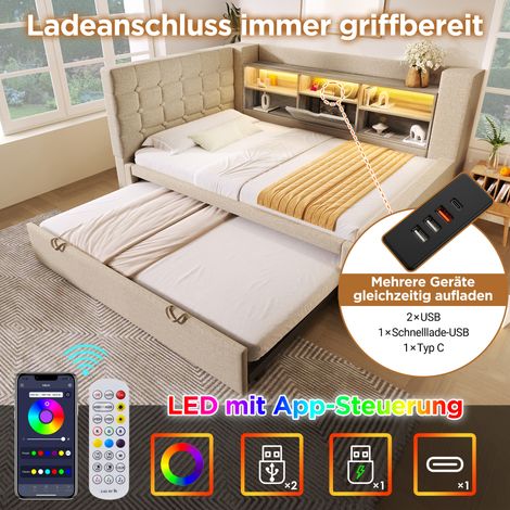 Lit beige en lin 90x200 cm avec lit gigogne 90x190, tête de lit en L avec rangement, éclairage LED, sommier inclus, montage réversible, sans matelas (1/5)