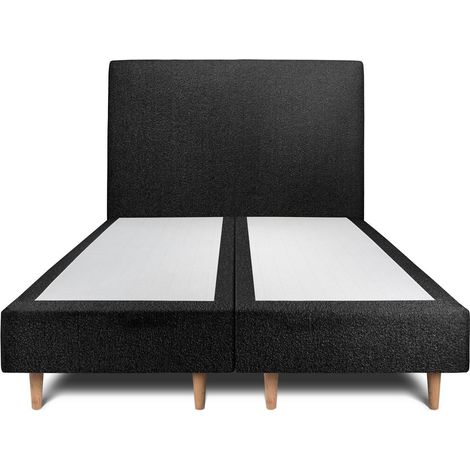Lit 160x200cm avec tête de lit tapissier bouclette et double sommier tapissier noir - Hauteur totale : 35cm (1/5)