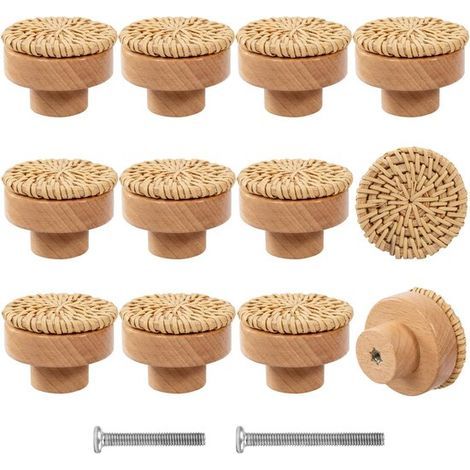 Lot de 12 poignées de commode bohèmes en bois - poignées de meuble tressées en rotin faites à la main avec 24 vis pour meubles de chambre d'enfant, beige (1/5)