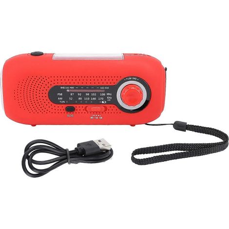 Solar-Wetterradio mit 1-W-5-LED-Taschenlampe (3 Helligkeitsstufen, 4 Lichtmodi), SOS-Funktion, Handkurbel, USB-C-Ladeanschluss, 20