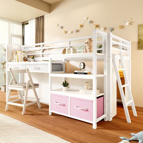 Lit mezzanine enfant 140x200 cm avec bureau, étagères, tiroirs en tissu, rideau, éclairage LED et structure métal - Blanc (1/5)
