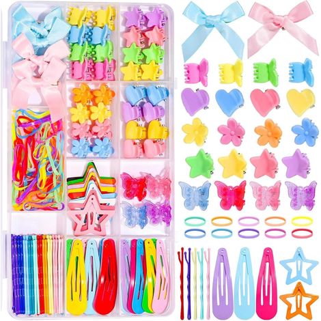 Set de 193 accessoires pour cheveux pour filles, pinces à cheveux, mini barrettes, pinces griffes, épingles à cheveux et élastiques à cheveux colorés, avec boîte cadeau (1/5)