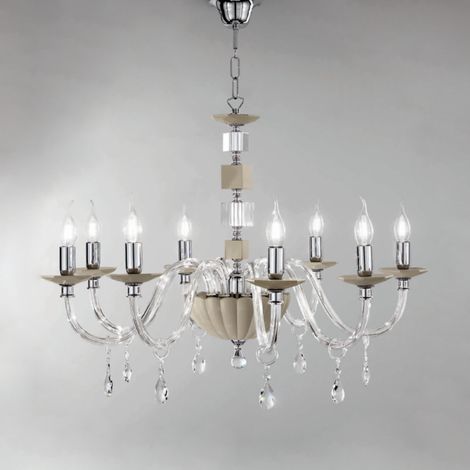 Lampadario sospeso LIVIA D85 cm in vetro e cristallo Tortora 8 luci (1/2)