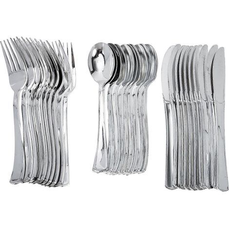 10 ensembles de couverts jetables en plastique (couteaux, fourchettes, cuillères) pour fête (argenté)-Silver (1/4)