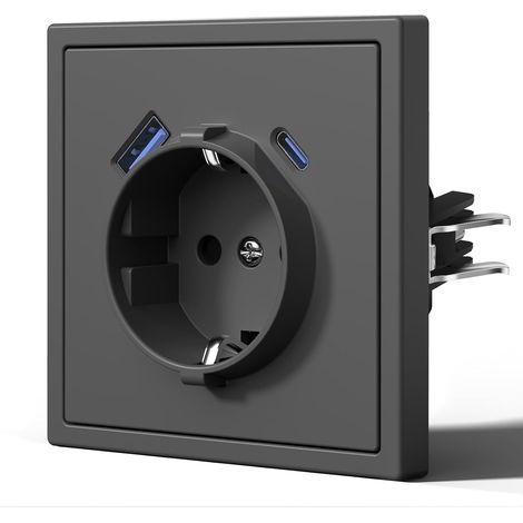 Prise de courant murale avec Griffes, Prise allemande Plastique, Prises de courant avec sécurité pour enfants, Facile d'installation, 1 Schuko avec 20W USB y Type C, Gris (1/5)