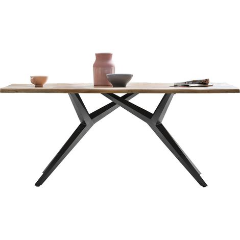 Table de salle à manger en acacia massif avec bord naturel et métal noir 200x100 cm - PANGIVO (1/5)