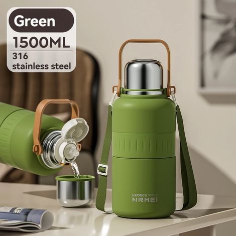 (Vert, 1500 ml) Bouteille d'eau isotherme en acier inoxydable avec poignée et paille, isolée sous vide, convient à l'eau chaude et froide. (1/5)