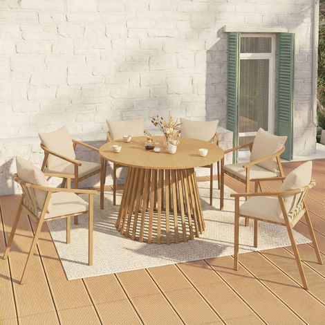 Muebles de jardín SOLAL Mesa redonda de 120 cm con patas de listones metálicos y 6 sillas de jardín con correas y cojines beige