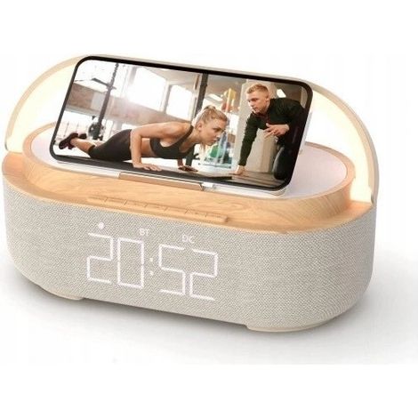 Digitaler FM-Radiowecker mit kabelloser Ladefunktion, multifunktional mit USB-Ladeanschluss, Bluetooth-Lautsprecher, LED-Anzeige, Lampe und tragbarer Handyhalterung
