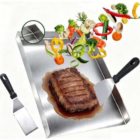 Plaque de cuisson en acier inoxydable avec spatule - Pour barbecue à gaz et charbon de bois - Pour l'extérieur - Pour légumes (1/5)