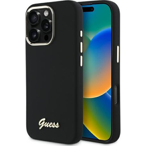 Guess GUHCP16LSMBSLK iPhone 16 Pro 6.3" nero/nero custodia rigida in silicone con scritta e cornice in metallo (1/5)