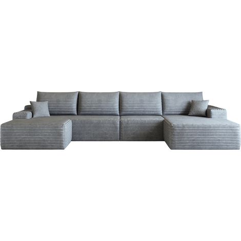 Sofá modular esquinero 340 cm con chaise longue en L gris de tela de canalé, sin montaje (1/5)