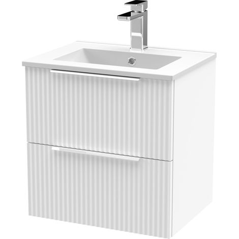 Tixall Fluted 2 Drawer Wall Hung Vanity Unit with Minimalist Basin, Satin White, 500mm