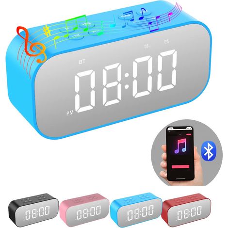 Réveil numérique pour chambre/bureau, haut-parleur Bluetooth intégré, double alarme pour dormeurs profonds adultes/ados, affichage LED miroir, appel mains libres (1/5)