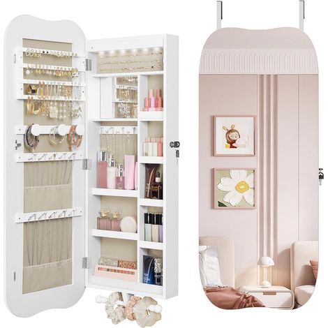 Specchio Portagioie da Parete con 6 Luce LED, Armadietto Portagioie, con Chiusura, Specchio Interno, per Collane Orecchini, Superficie Bianco (1/5)