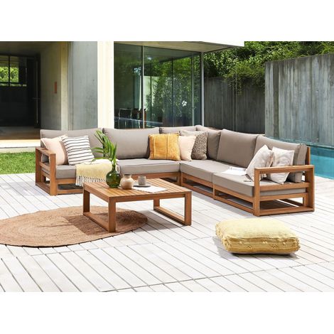 Conjunto de jardín esquinero 5 plazas de madera de acacia certificada clara con cojines Timor II (1/5)