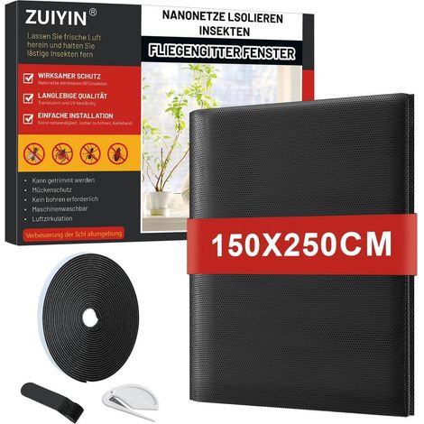 Fliegengitter Fenster 150x250cm ohne Bohren, Insektenschutz mit Klettband, Mückennetz Schwarz (1/5)