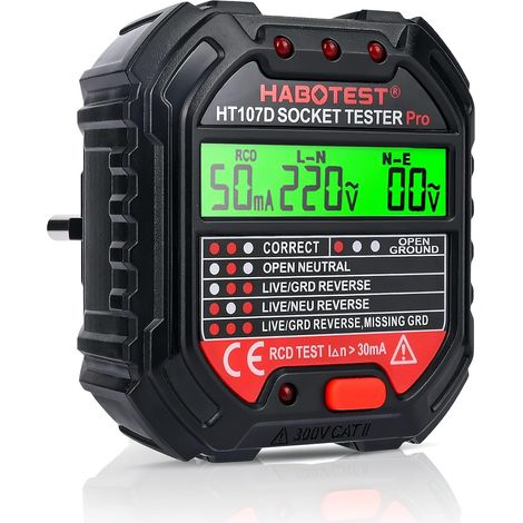 Steckdosentester mit RCD-Test und Kontrollleuchten, 6 Arten der Fehlerdiagnose, Elektrischer Steckdosentester mit Leckspannungs- und Stromanzeige, 48-250V/45-65Hz, CAT ll 300V