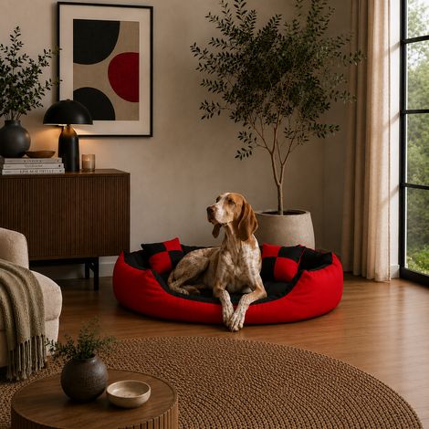 belviona 4-in-1 Hundebett, Hundekörbchen mit Wendekissen, wasserabweisend, tiefer Einstieg & 2 Spielkissen, 110x80 cm, rot/schwarz (1/5)