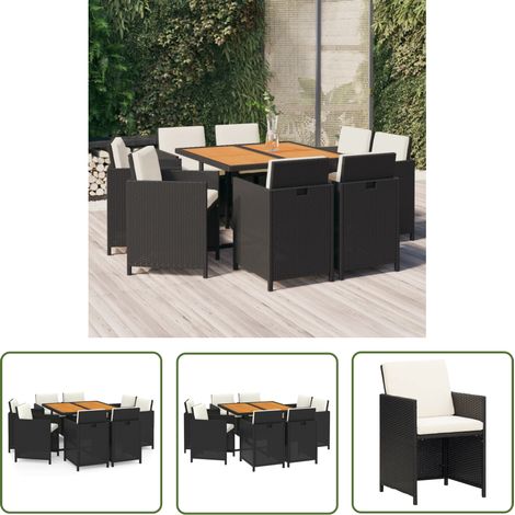 The Living Store Ensemble à manger de jardin coussins 9pcs Résine tressée Noir - Salon De Jardin - Meubles De Jardin - Set De Jardin - Table Et Chaises - Résine Tressée (1/5)