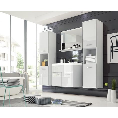 Bratex – Ensemble de meubles de salle de bain MONTREAL XL – Meuble vasque avec évier 47,5 x 60 x 34,6 cm – 2 armoires hautes 131,5 x 30 x 30 cm – Blanc brillant