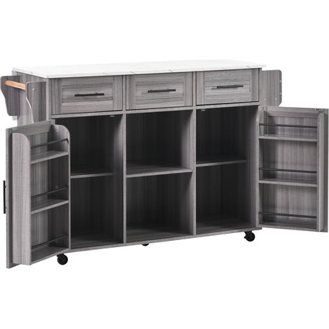 Carro de cocina gris con encimera abatible y efecto mármol blanco 139 x 46 x 91,5 cm (1/5)