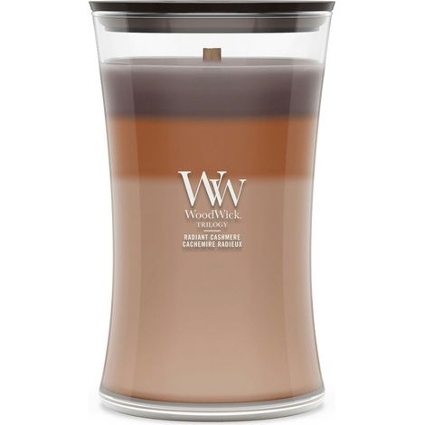 Candela Radiant Cashmere a clessidra grande Trilogy 609g sfumature naturali WoodWick
