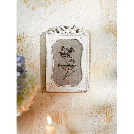 Tableau encadré résine oiseau et fleurs avec nœud toile encadrée blanche vintage 16 x 23 cm pour chambre étudiant ou cuisine (1/5)