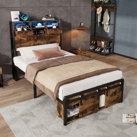 Metal Bed Frame with LED Lights, USB Charging Ports & Storage Shelf, Black Iron & Wood Effect, Single 90x190cm (1/5)