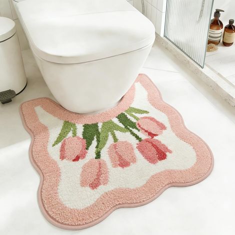 Tapis de Toilette en Forme de U avec Fleurs de Tulipe, Tapis de Bain Romantique Antidérapant avec Design à Bordure Ondulée, Tapis de Sol en Microfibre Doux et Absorbant pour Toilette, Décoration de Sa (1/5)