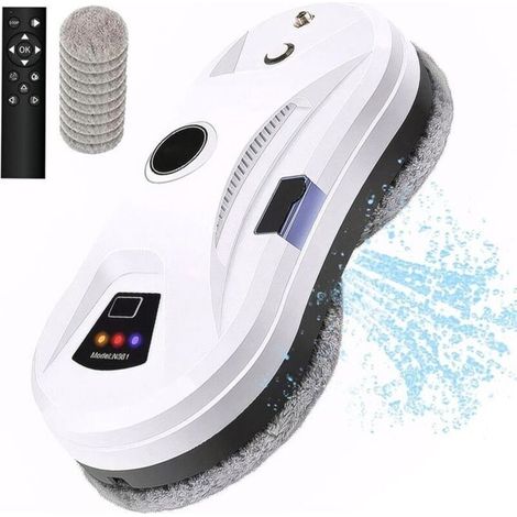 (Bianco) Robot elettrico per la pulizia dei vetri da 5600 Pa - Funzione di spruzzo d'acqua - 3 modalità, telecomando e 10 panni per la pulizia