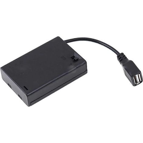 Boîtier pour 3 piles AA avec couvercle et interrupteur, connecté à un connecteur USB femelle, noir (1/5)