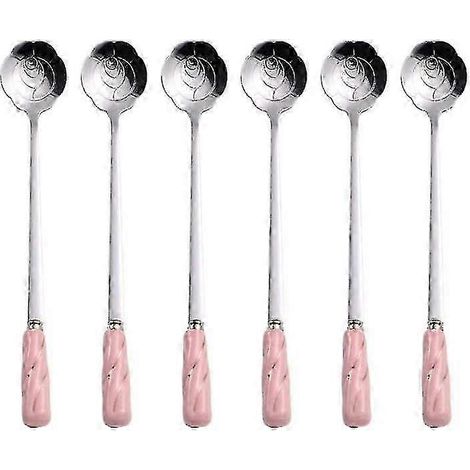 Cuillères à café en acier inoxydable, cuillères à dessert, cuillères à thé glacé, rose et argent - Lot de 6 Mbbitl, manche délicat en céramique, forme rose LOP (1/5)