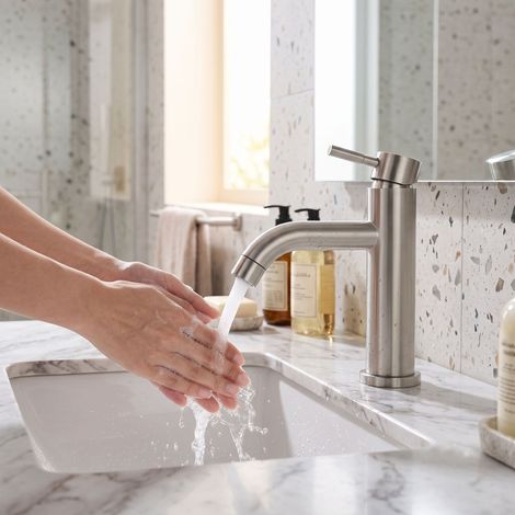 Comanlai - Mitigeur de Lavabo de Salle de Bain Moderne - Robinet de Vasque Monocommande en Acier Inoxydable, Cartouche Céramique Silencieuse, Eau Chaude et Froide, Finition Gris Brosse / Nickel Satiné (1/5)