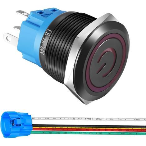 Interrupteur à Bouton Poussoir à Verrouillage en Acier Inoxydable 22mm 12V 24V/5A Symbole D'alimentation 1NO1NC SPDT Interrupteur à Bascule Etanche avec Prise de Fil (LED rouge/Coque Noire) (1/5)