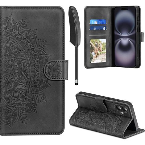Coque portefeuille en cuir pour iPhone 16 avec fentes pour cartes et fonction support (1/5)