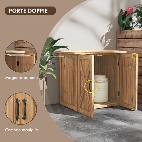 Caseta de jardín con doble puerta y cerraduras magnéticas, resistente a la intemperie, madera natural, 77x55x72 cm, marrón.