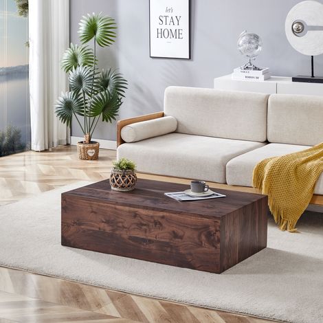 Table basse rectangulaire aspect noyer 90x50x30 cm en MDF,sans assemblage. Pieds antidérapants,idéale pour intérieur luxueux et moderne.