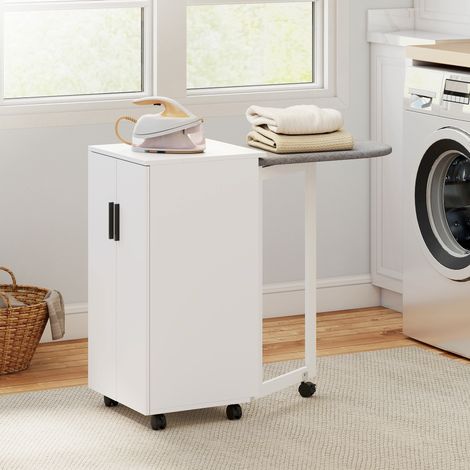 Meuble de repassage pliable 2 en 1 sur roulettes avec table à repasser et étagère réglable pour petits espaces, blanc