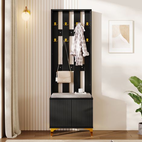 Meuble d'Entrée Vestiaire Portemanteau avec Banc à Chaussures Coussin, 8 Crochets Dorés, Portes Ondulées Push-to-Open et Étagère Réglable - Noir (1/5)