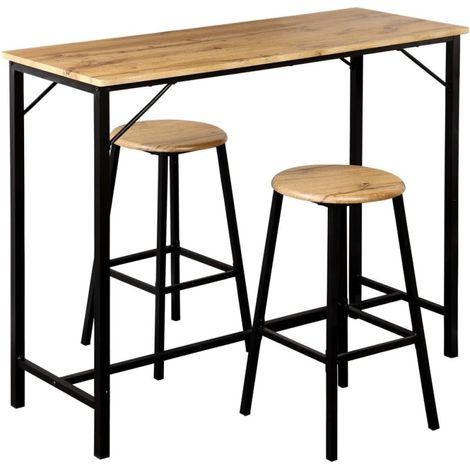 Ensemble Table de Bar et 2 Tabourets Hauts de Cuisine - Bois FSC et Métal - Livraison gratuite