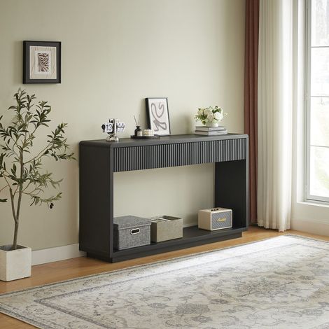 Console d'entrée moderne de 150 cm de large, avec deux grands tiroirs de rangement et une étagère ouverte en partie basse, idéale pour un couloir ou un salon (noir anthracite). (1/5)
