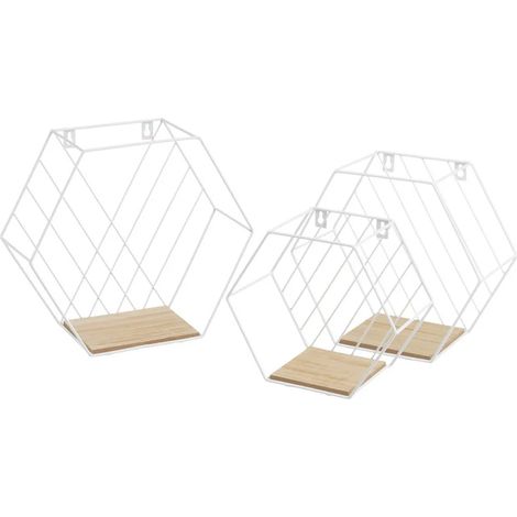 Set 3 Mensole Esagonale da Parete Design Industrial Scaffale Bianco Legno Naturale (1/5)