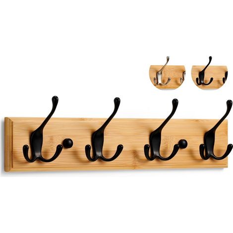 Wandgarderobe aus Holz – 4 Dreifachhaken in Schwarz – 42 cm – Wandgarderobe für Eingangsbereich, Schlafzimmer, Badezimmer und Ankleidezimmer