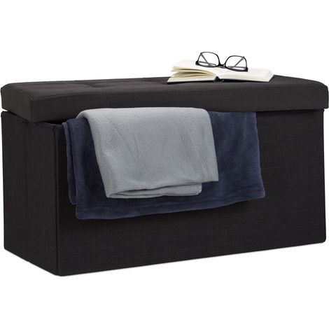 Relaxdays Folding Ottoman Storage Bench XL 38 x 76 x 38 cm Sturdy Foldable Foot Stool Box Bench with Removable Lid, Black